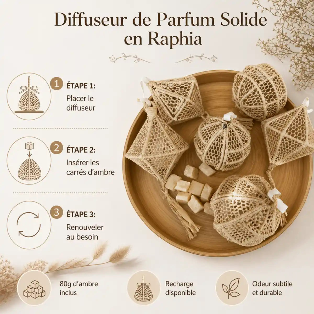 Diffuseur parfum solide raphia guide utilisation 3 étapes avec carrés ambre inclus