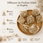 Diffuseur parfum solide raphia guide utilisation 3 étapes avec carrés ambre inclus