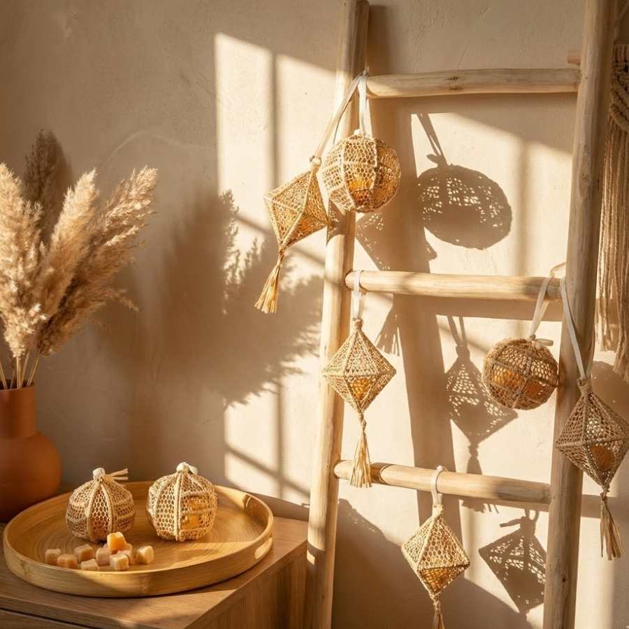 Plusieurs Diffuseurs de Parfum Solide en Raphia suspendus à une échelle en bois