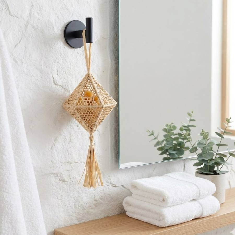Un Diffuseur de Parfum Solide en Raphia forme amulette pendu à un crochet de salle de bain