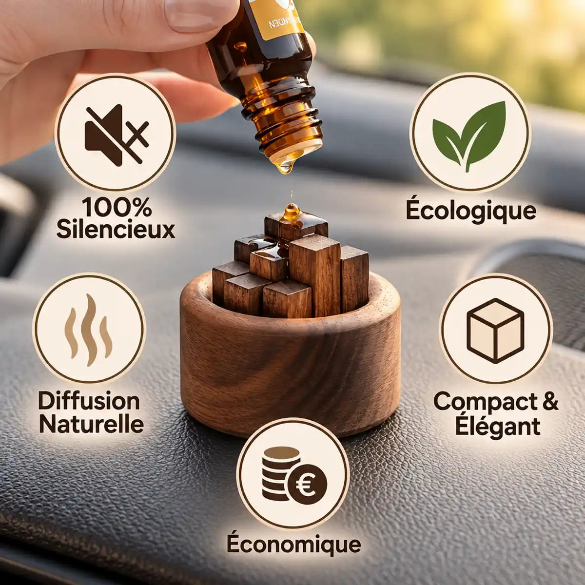 Diffuseur d'huiles essentielles en bois cylindrique avec avantages : silencieux, écologique, compact et élégant.