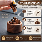 Diffuseur d'huiles essentielles en bois cylindrique avec mode d'emploi et dosage 3-5 gouttes