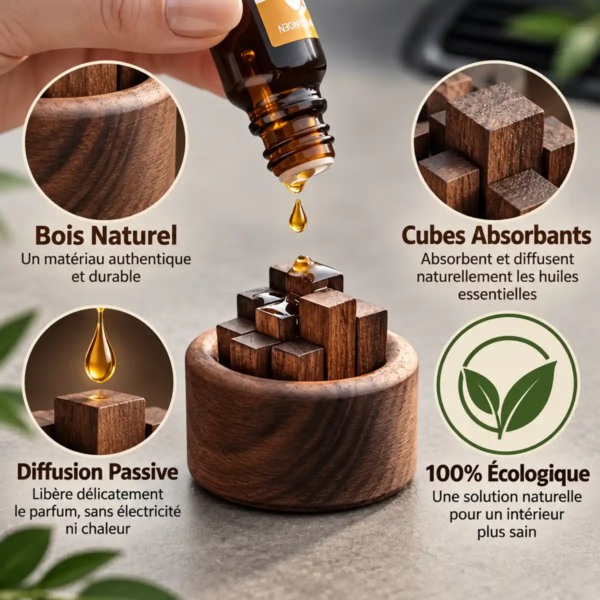 Diffuseur huiles essentielles bois cylindrique avec cubes absorbants et caractéristiques écologiques