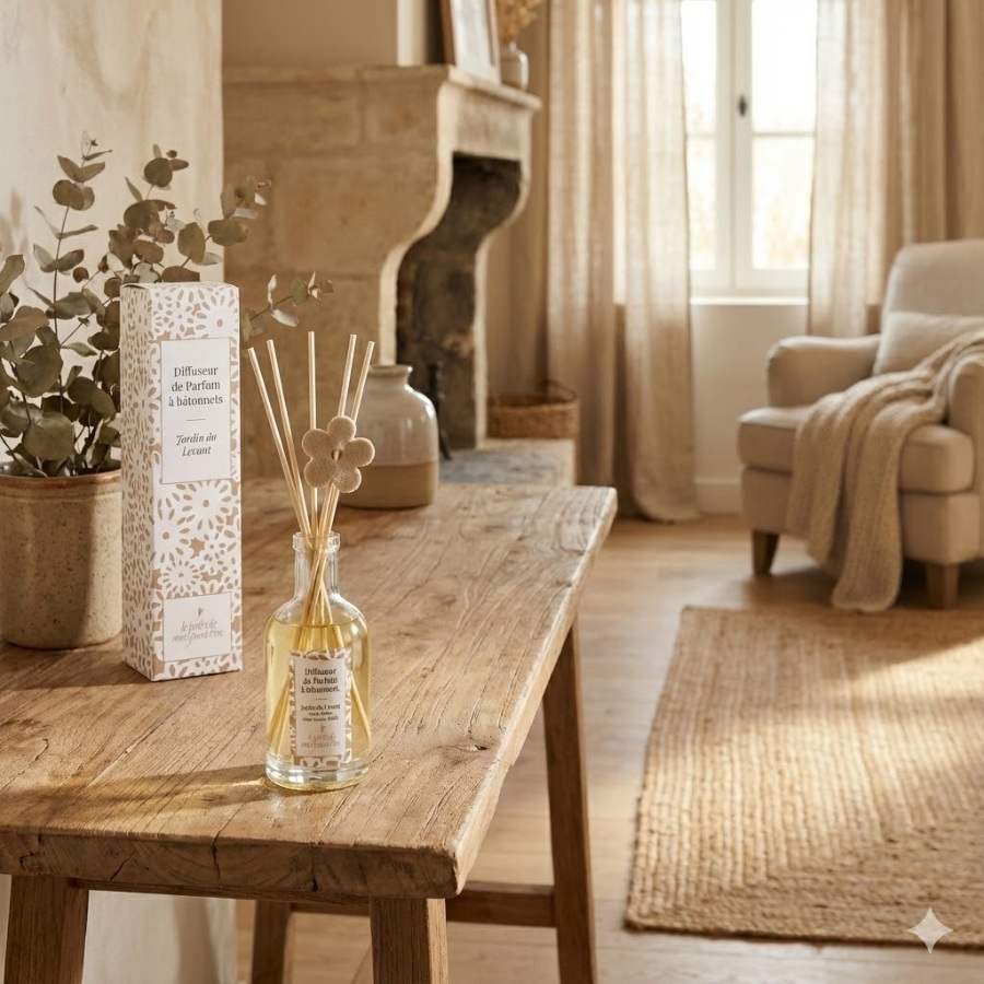 Un diffuseur de parfum à batonnets senteur Jardin du Levant de la marque Jardin de Mon Grand Père, posé sur une table enbois