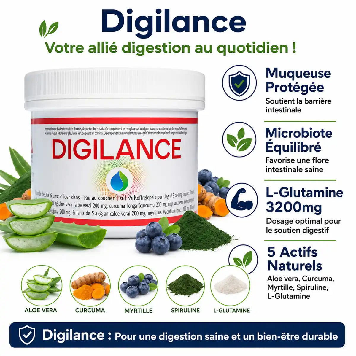 Digilance poudre digestion - pot blanc avec bénéfices : muqueuse protégée, microbiote équilibré, L-Glutamine 3200mg