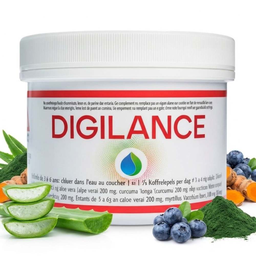 Une boîte de poudre de digilance de la marque Jade Recherche, avec tous les ingrédients naturels disposés autour