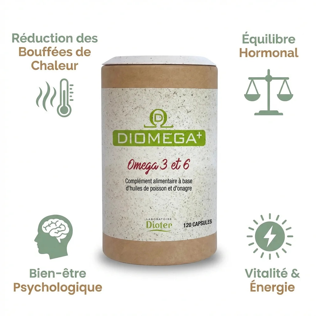 Diomega+ Oméga 3 et 6 - 120 capsules avec bénéfices : réduction bouffées chaleur, équilibre hormonal, bien-être