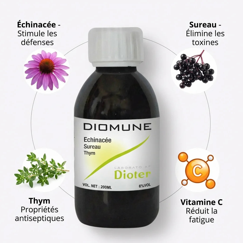 Diomune 200ml sirop immunité avec ingrédients naturels: échinacée, sureau, thym et vitamine C