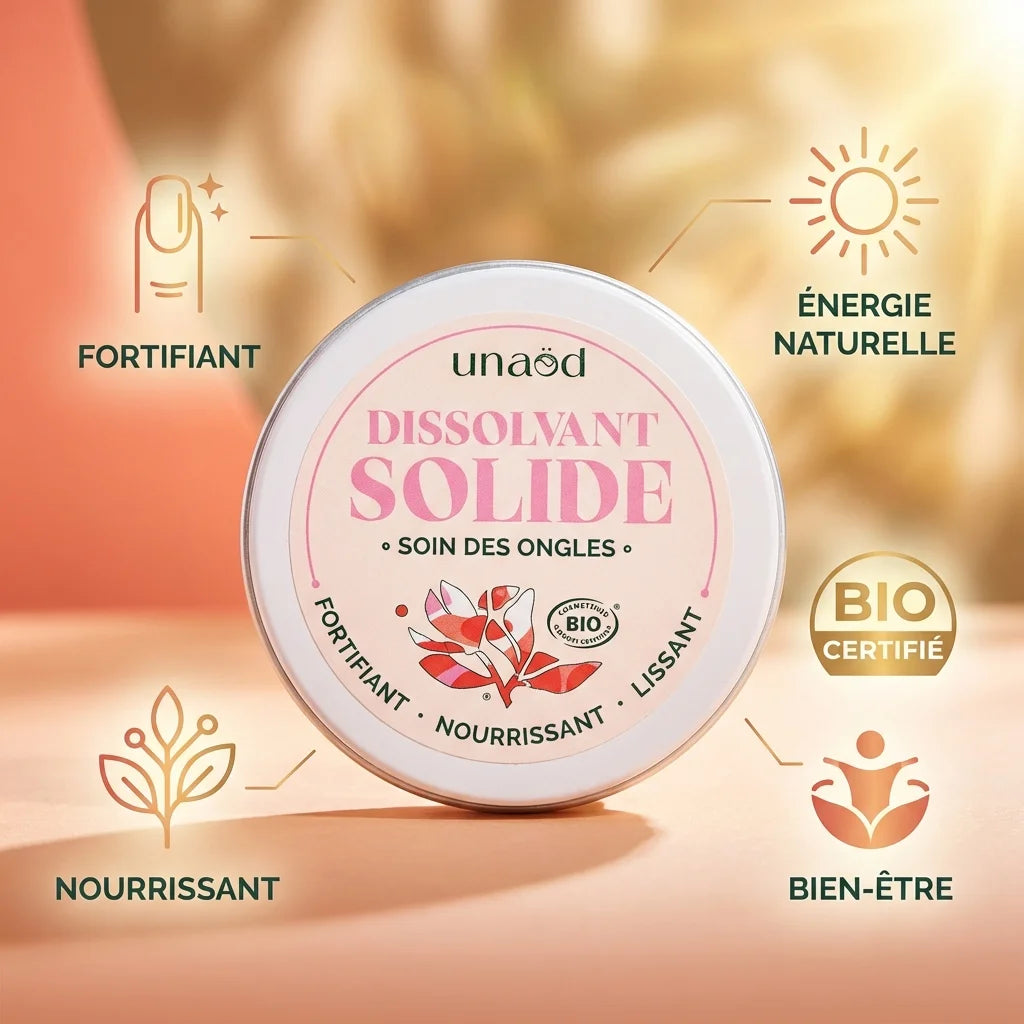 Dissolvant solide Unaöd 50ml avec ses bénéfices : fortifiant, nourrissant, bio certifié