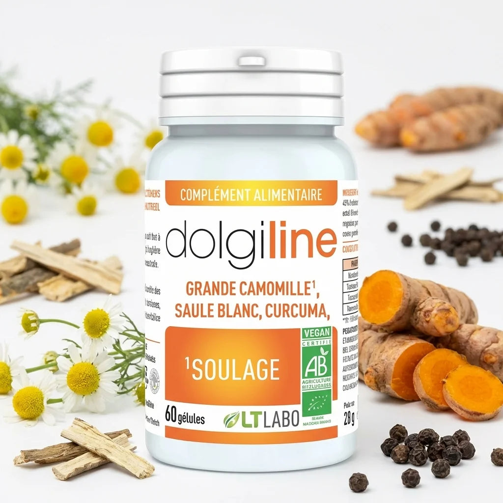 Dolgiline Bio 60 gélules LT Labo avec ingrédients naturels : curcuma, saule blanc et camomille