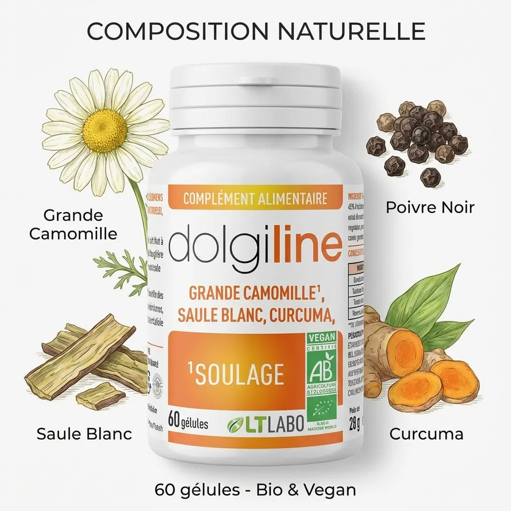 Dolgiline Bio 60 gélules avec ingrédients naturels: Camomille, Saule Blanc, Curcuma, Poivre Noir