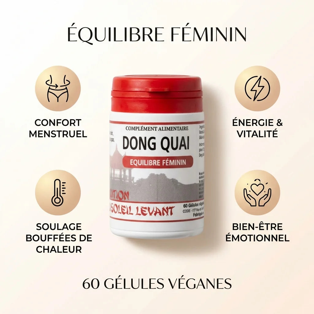 Dong Quai 60 gélules - Bouteille rouge et blanche avec 4 bénéfices : confort menstruel, énergie, bouffées de chaleur, bien-être