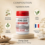 Flacon Dong Quai 60 gélules vegan avec ingrédients et bénéfices - Angélique chinoise fabriquée en France