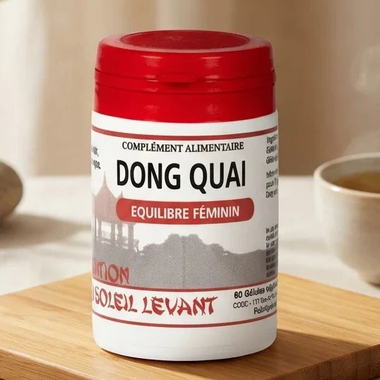 Dong Quai gélules 60 - Supplément bien-être féminin naturel en flacon rouge sur fond zen