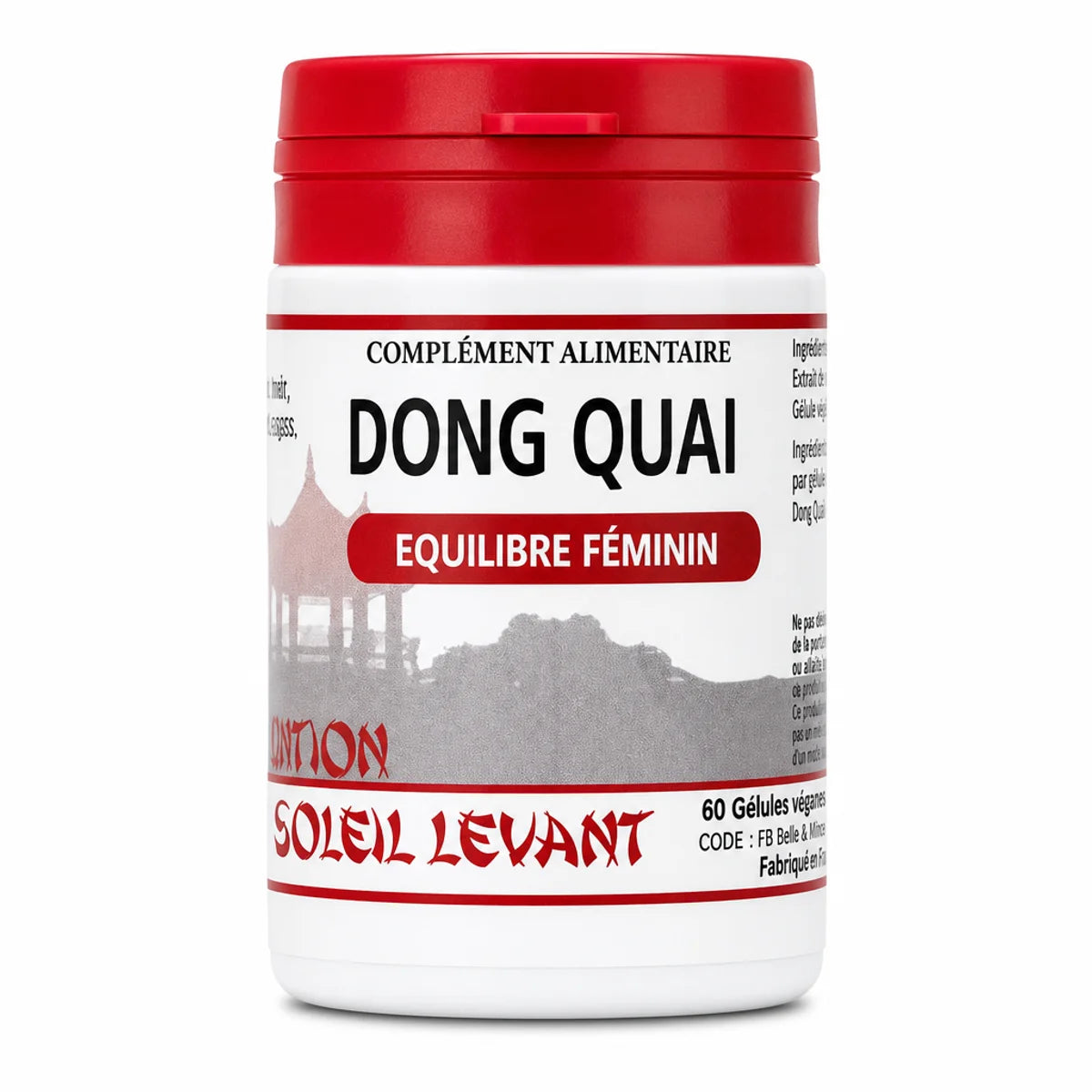 Dong Quai 60 gélules - Complément alimentaire Angélique chinoise en flacon rouge et blanc