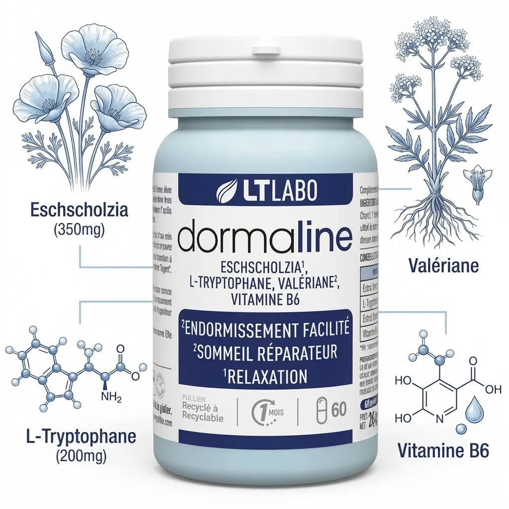 Dormaline 60 gélules LT Labo avec ingrédients Eschscholzia, L-Tryptophane, Valériane et Vitamine B6