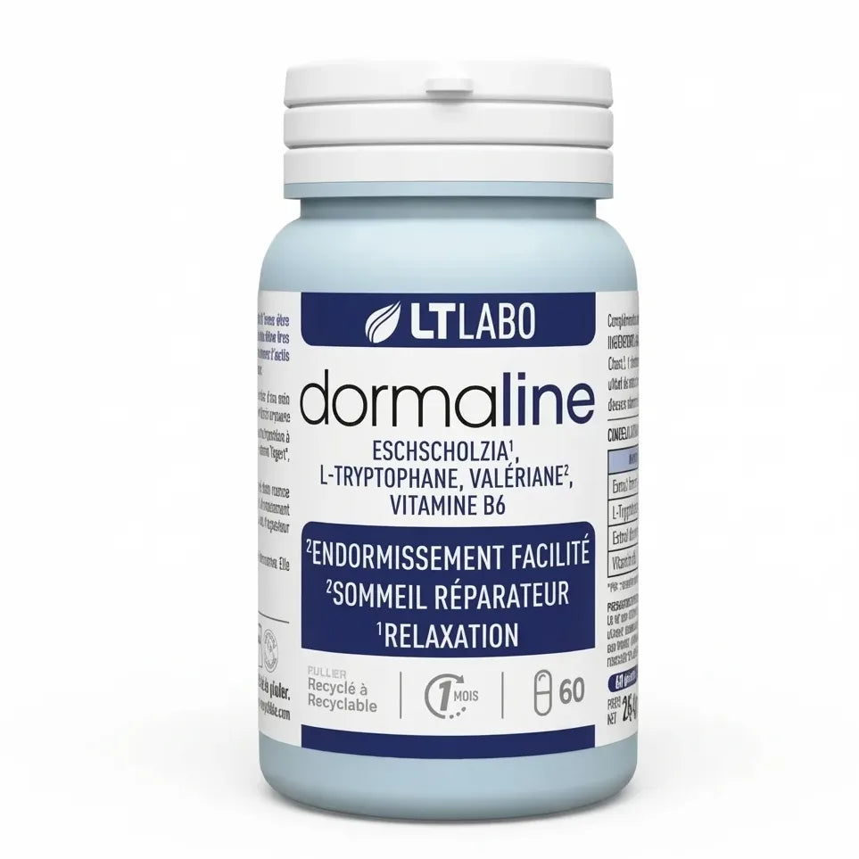 Flacon Dormaline 60 gélules LT Labo sur fond blanc, complément alimentaire sommeil
