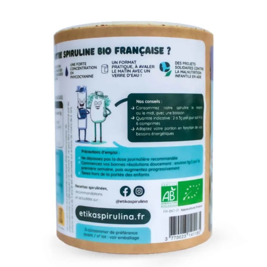 Le dos du pack de comprimés de spiruline etika spirulina