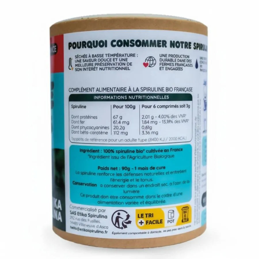 Le dos du pack de comprimés de spiruline etika spirulina avec les informations nutritionnelles