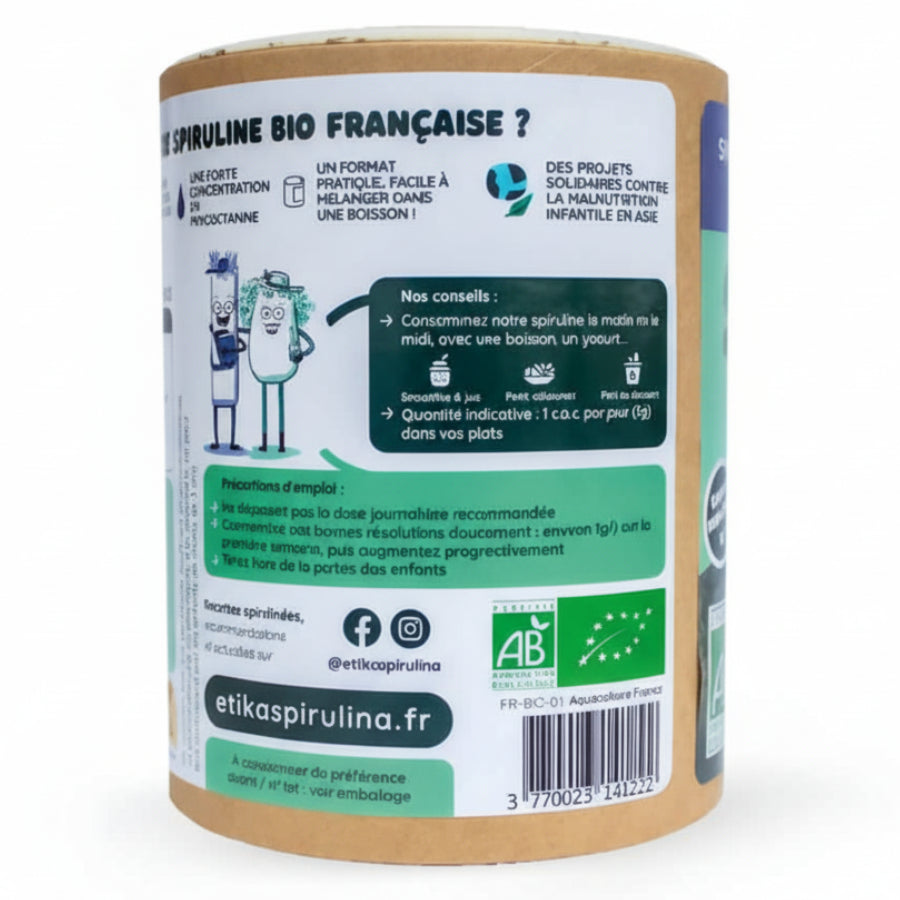 dos du pack de spiruline en poudre etika spirulina avec les précautions d'emploi