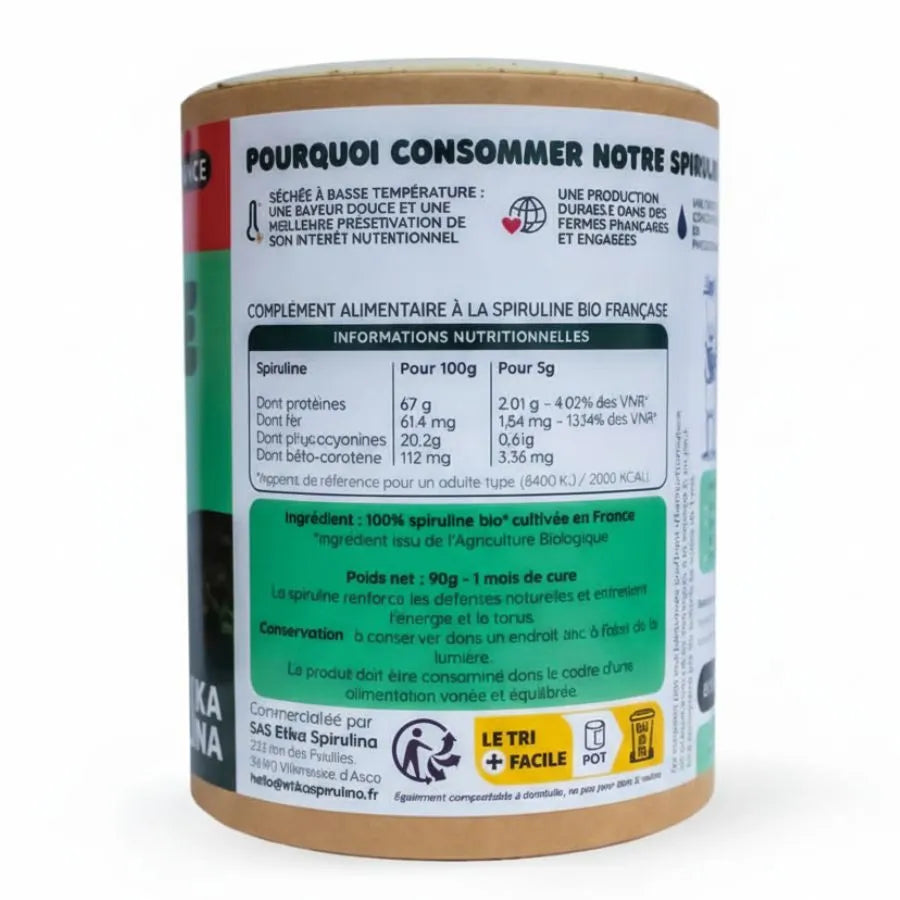 dos du pack de spiruline en poudre etika spirulina avec les valeurs nutritionnelles
