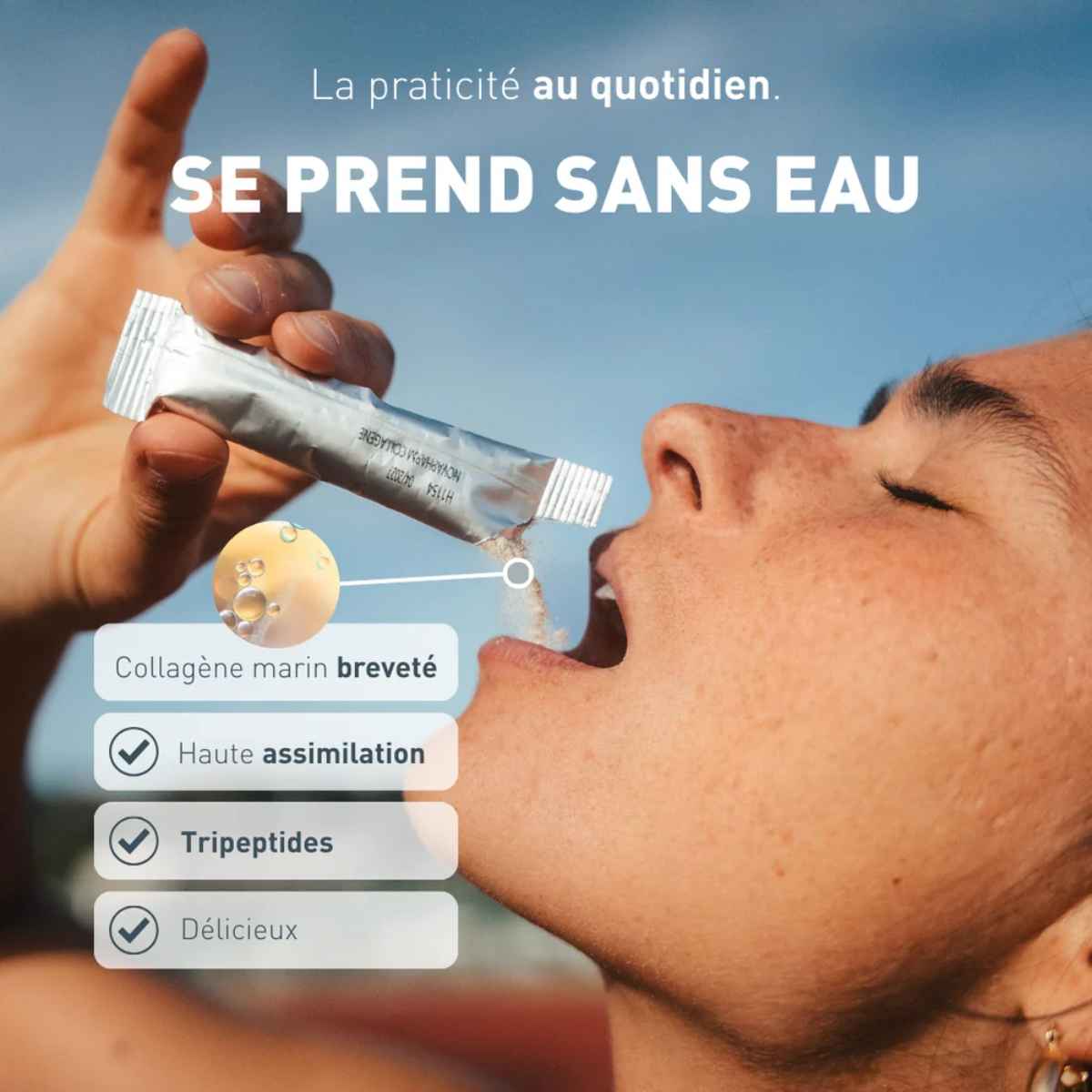 La practicité du collagène marin humble à prendre sans eau.