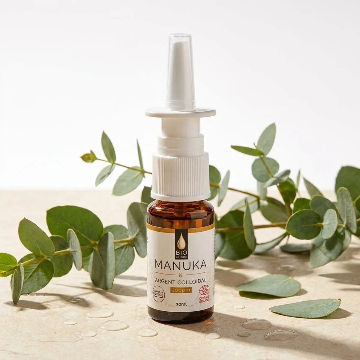 Dr. Theiss spray nasal miel Manuka argent colloïdal 30ml sur surface wellness