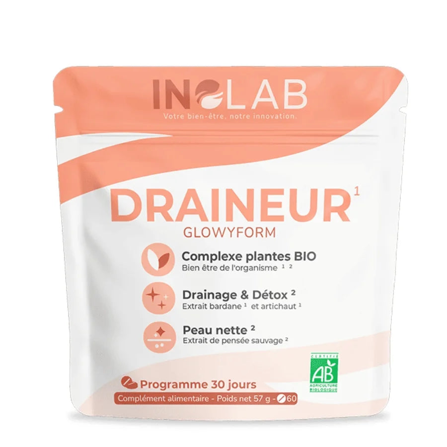 Un sachet de 60 gélules de GlowyForm Inolab, un Complexe Détox Foie & Peau Nette Bio