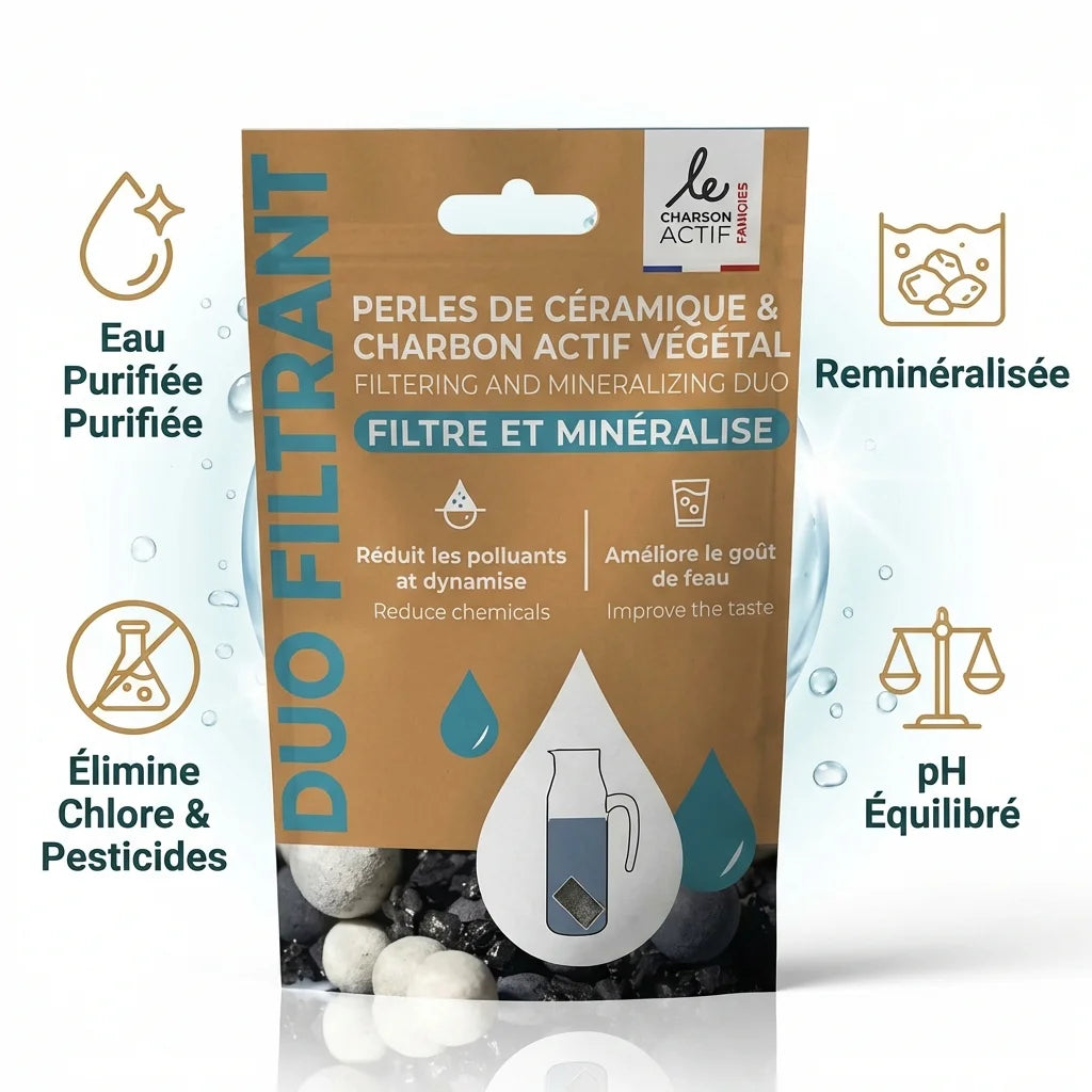 Duo Filtrant perles céramique charbon actif purifie eau élimine chlore pesticides pH équilibré