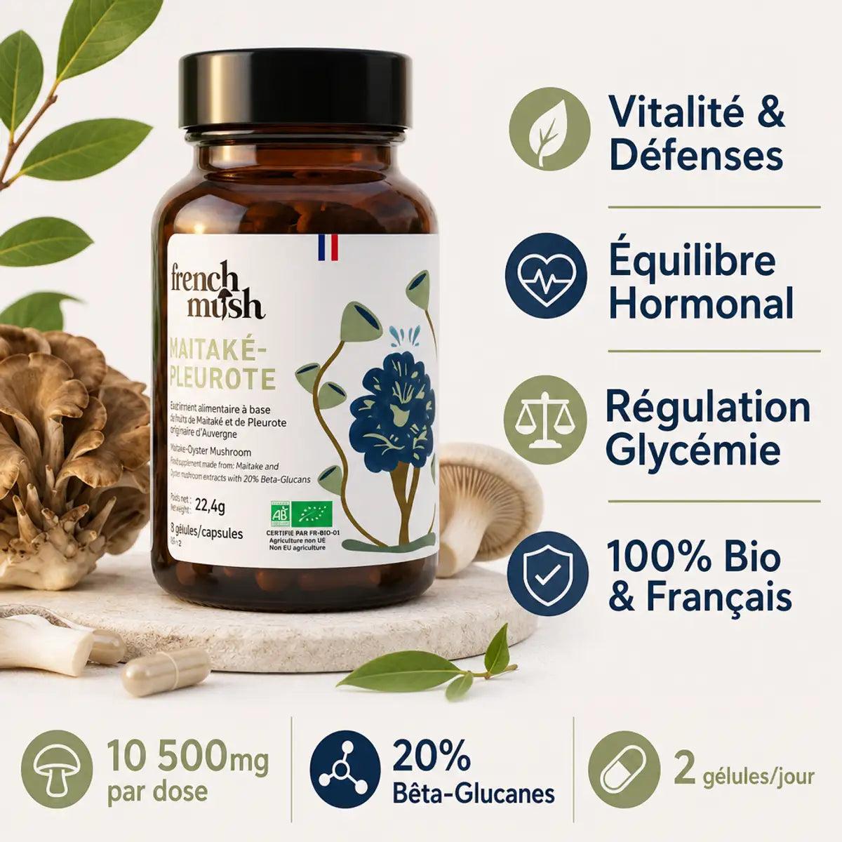 Complément Maïtaké Pleurote Bio French Mush avec bénéfices satiété et glycémie en gélules