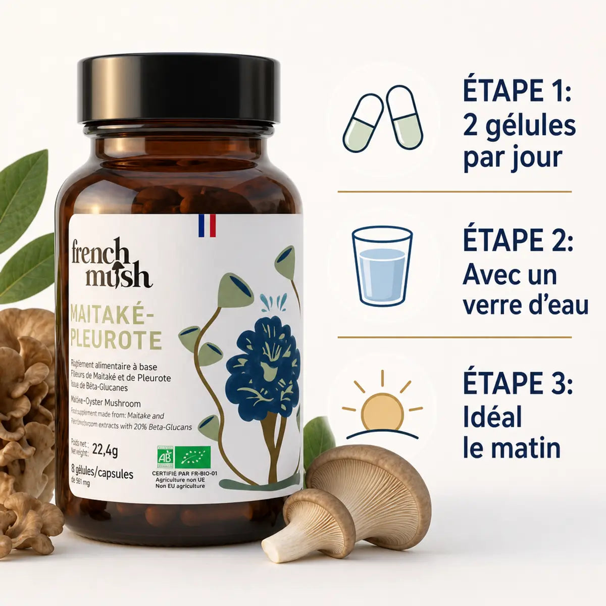 Flacon Duo Maïtaké Pleurote Bio French Mush avec guide d'usage gélules satiété glycémie