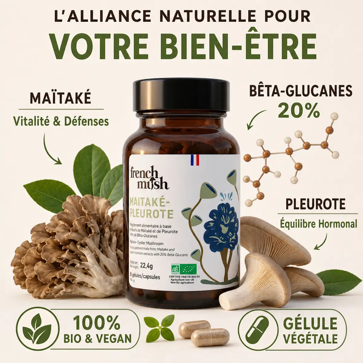 Flacon French Mush Maïtaké-Pleurote bio avec champignons, bêta-glucanes et ingrédients naturels pour satiété et glycémie