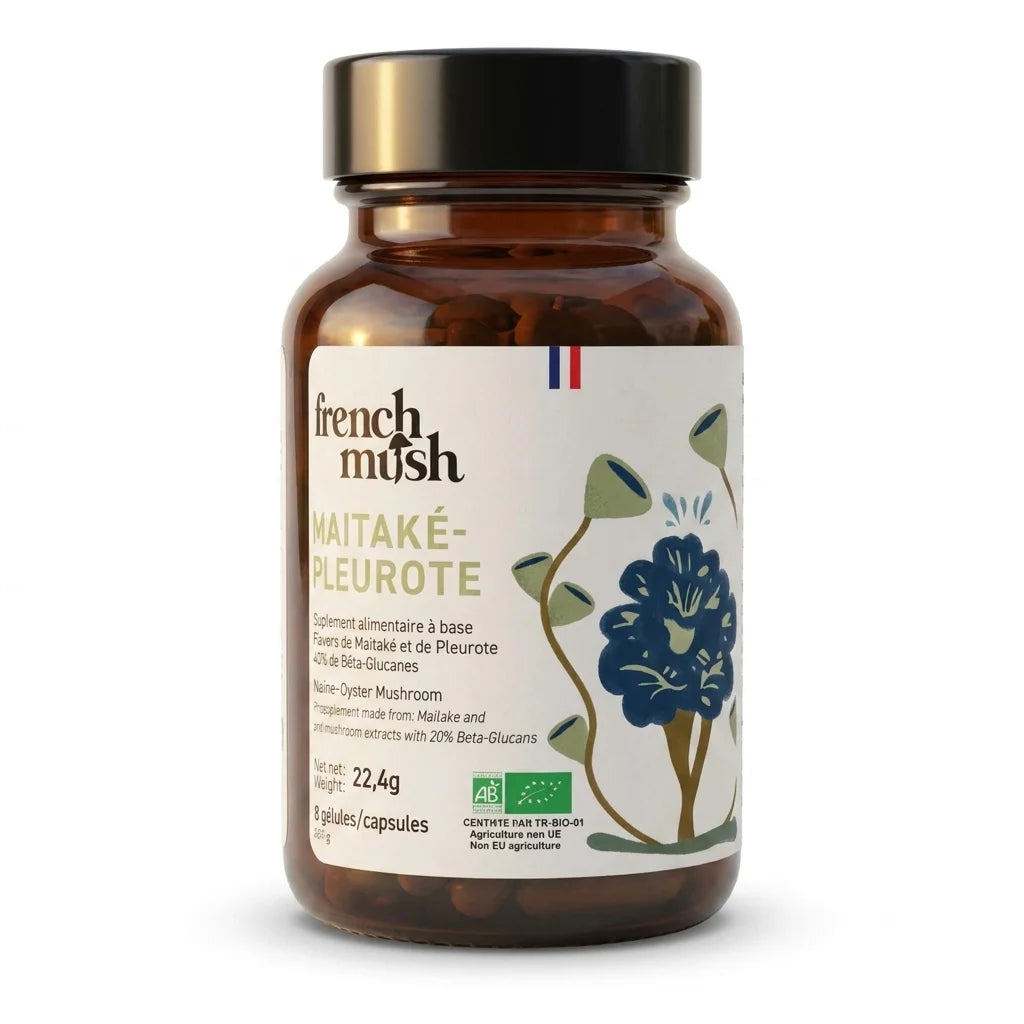 Gélules Maïtaké Pleurote Bio French Mush pour satiété et glycémie en flacon verre ambré