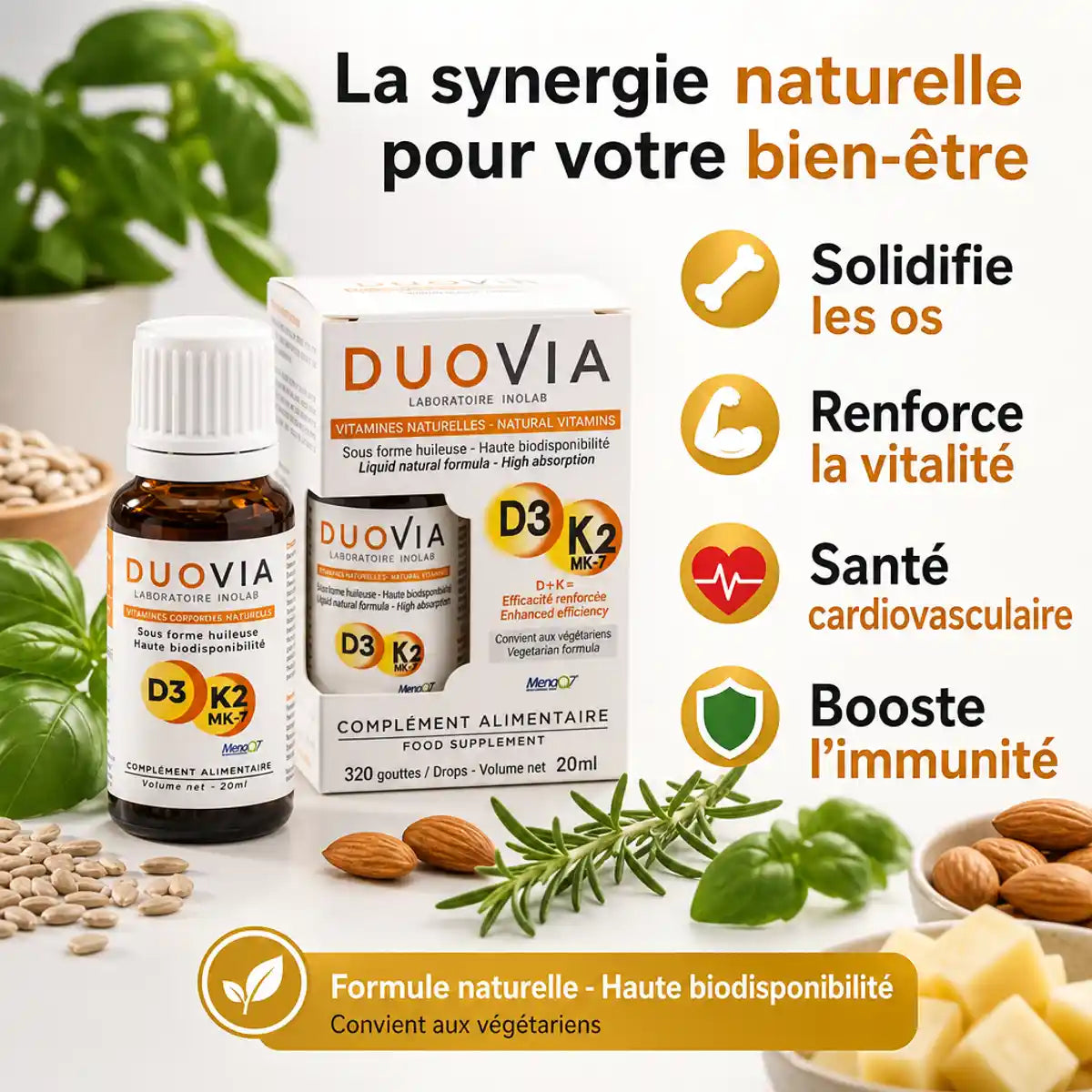 Duovia Vitamine D3 K2 MK7 flacon 20ml INOLAB avec bénéfices santé osseuse immunité cardiovasculaire
