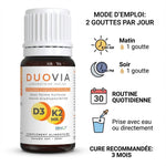Duovia Vitamine D3 K2 MK7 flacon 20ml avec posologie 2 gouttes par jour et cure 3 mois