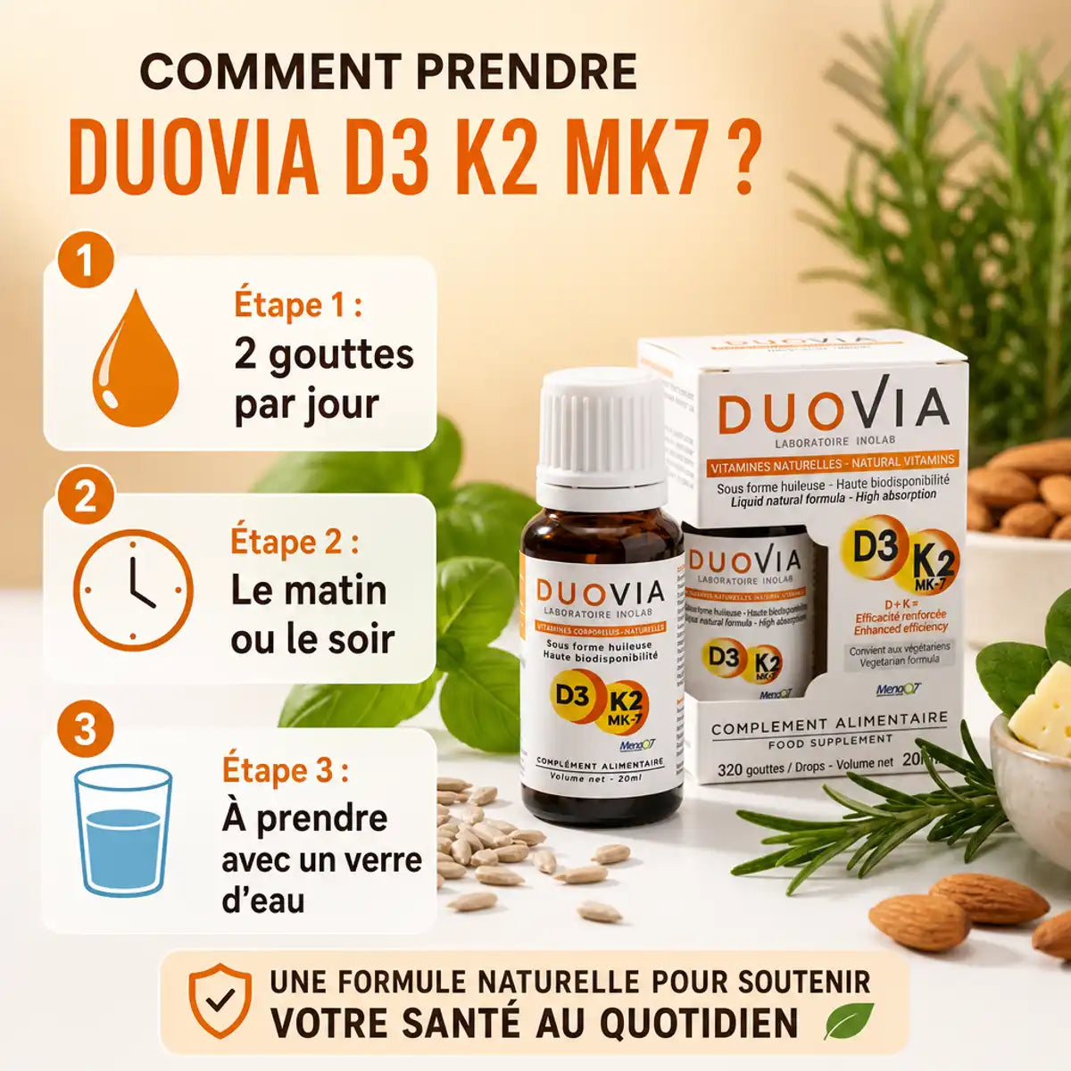Duovia Vitamine D3 K2 MK7 20ml - flacon avec guide posologie et ingrédients naturels