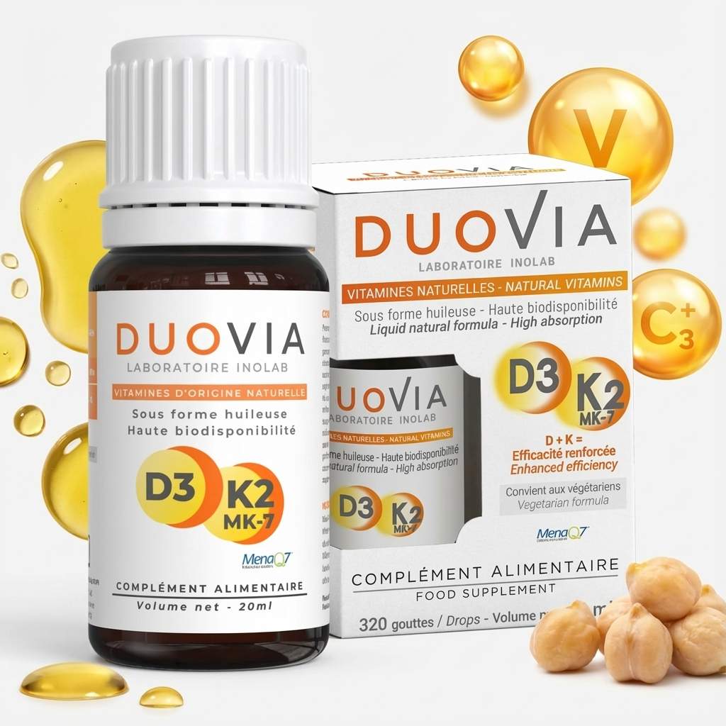 Duovia Vitamine D3 K2 MK7 flacon 20ml avec ingrédients naturels et huile de tournesol