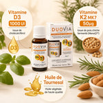 Flacon Duovia Vitamine D3 K2 MK7 20ml avec ingrédients et dosages sur fond blanc
