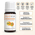 Duovia Vitamine D3 K2 MK7 20ml flacon avec ingrédients naturels et bénéfices santé