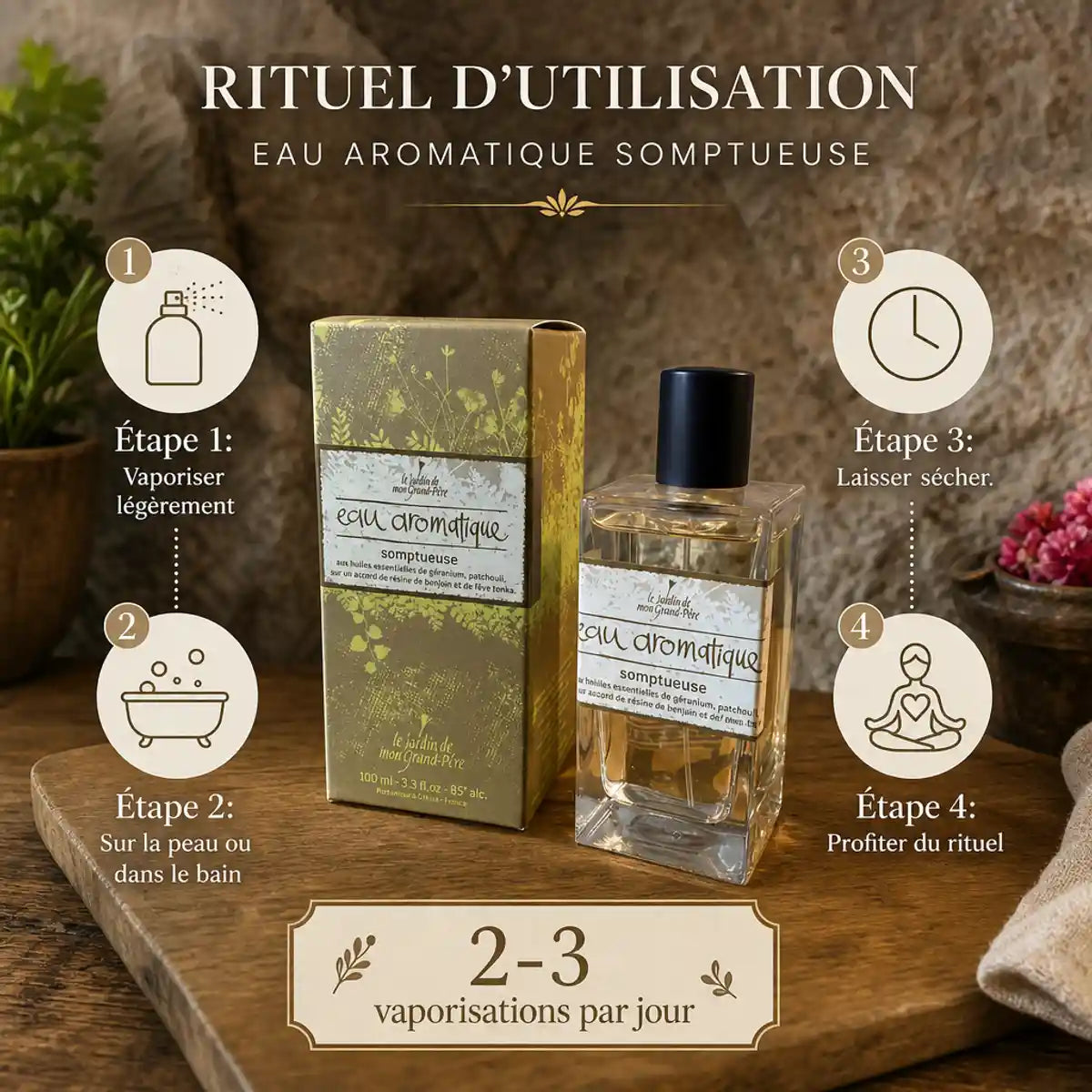 Eau Aromatique Somptueuse 100ml Jardin de mon Grand-Père avec étapes d'utilisation et mode d'emploi