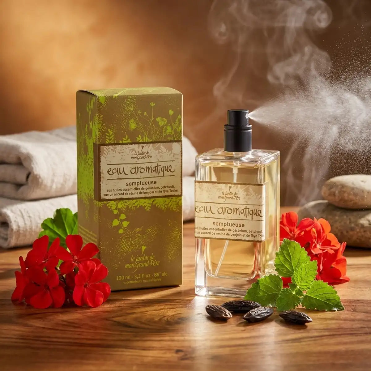 Eau Aromatique Somptueuse 100ml avec botaniques, flacon luxe Jardin de mon Grand Père sur bois