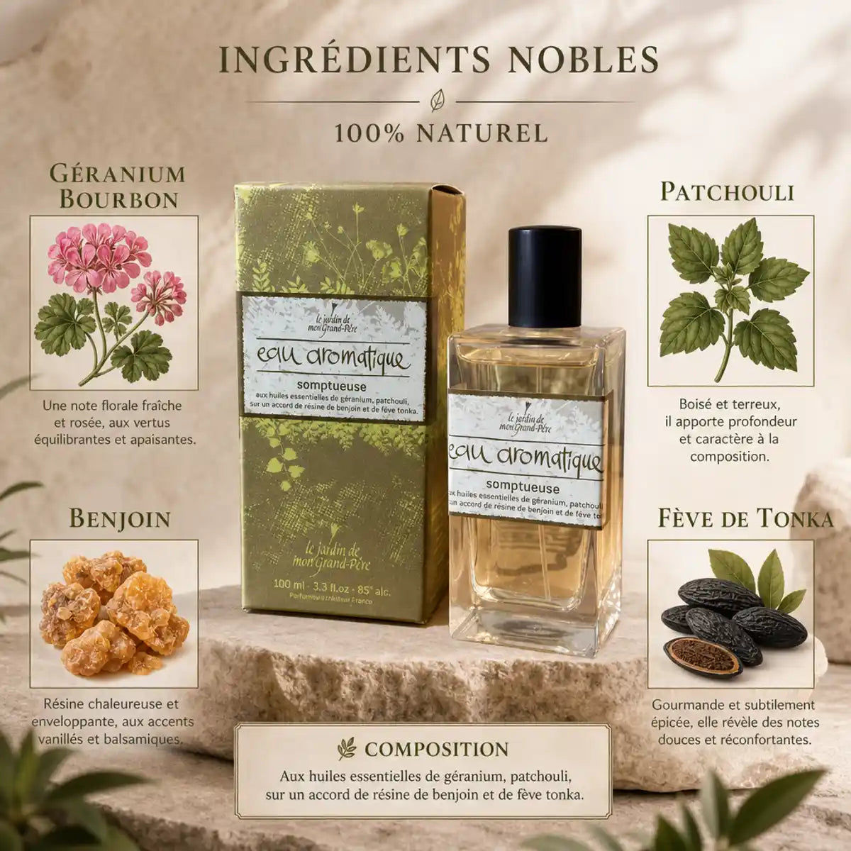Eau Aromatique Somptueuse 100ml avec ingrédients naturels Géranium, Patchouli, Benjoin, Fève de Tonka