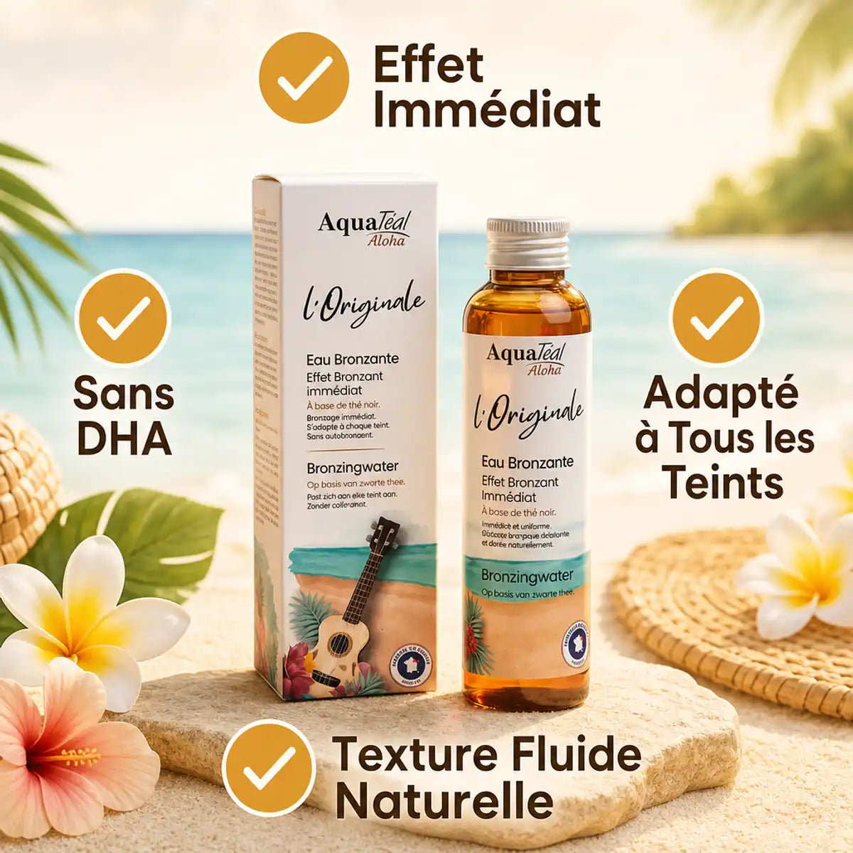 Eau Bronzante l'Originale Aquatéal avec bénéfices : effet immédiat, sans DHA, tous teints, texture fluide