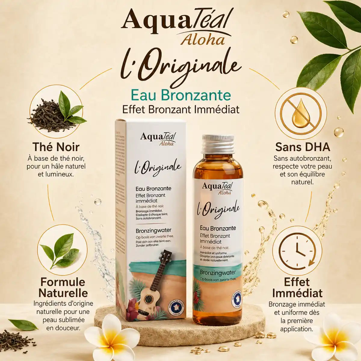 Aquatéal Eau Bronzante l'Originale avec ingrédients naturels et thé noir, effet immédiat sans DHA