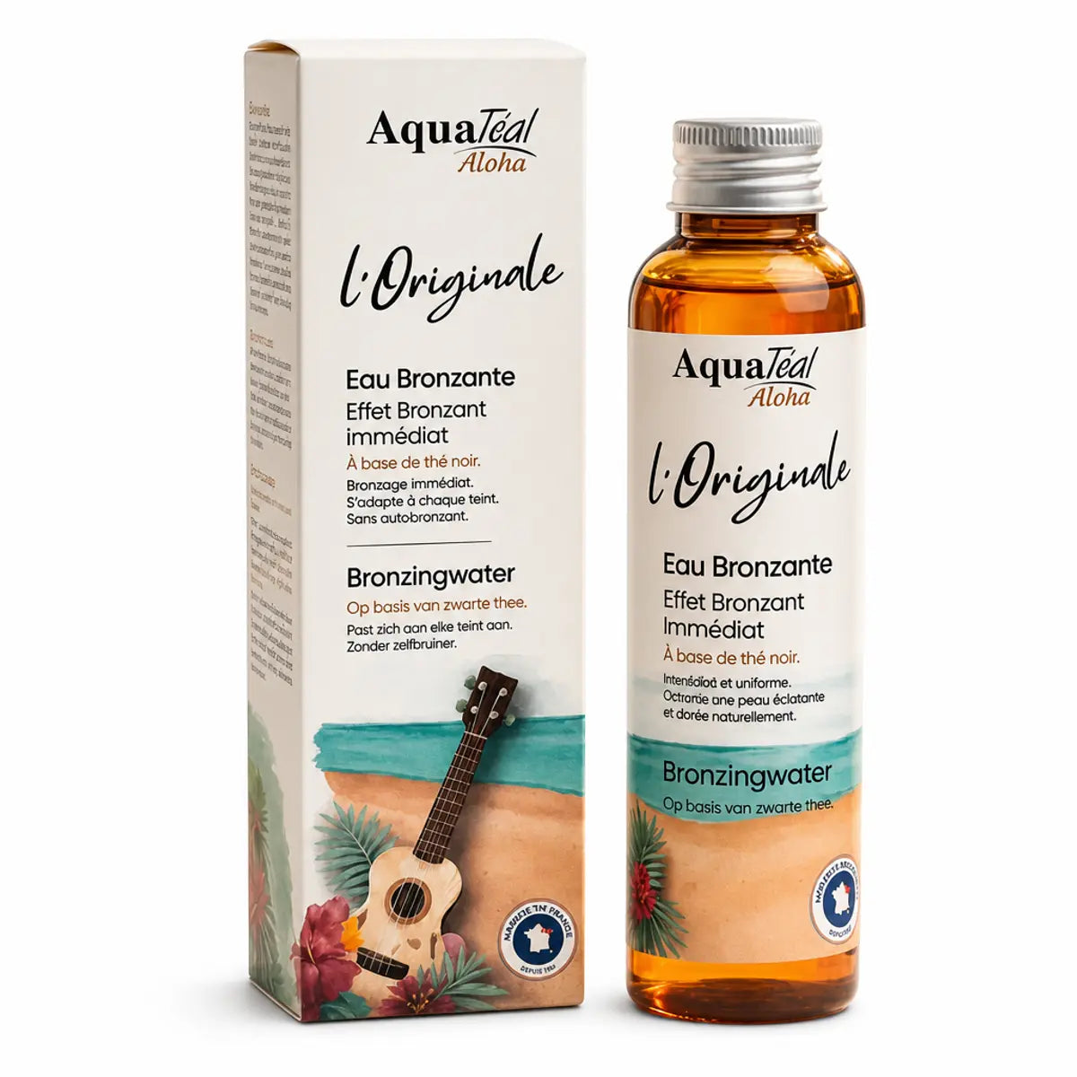 Eau Bronzante l'Originale Aquatéal - Bouteille ambre et packaging teal en studio