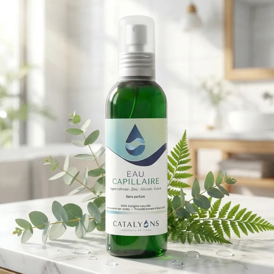 Eau capillaire Catalyons flacon vaporisateur 150ml verre vert dans salle de bain spa avec feuilles vertes