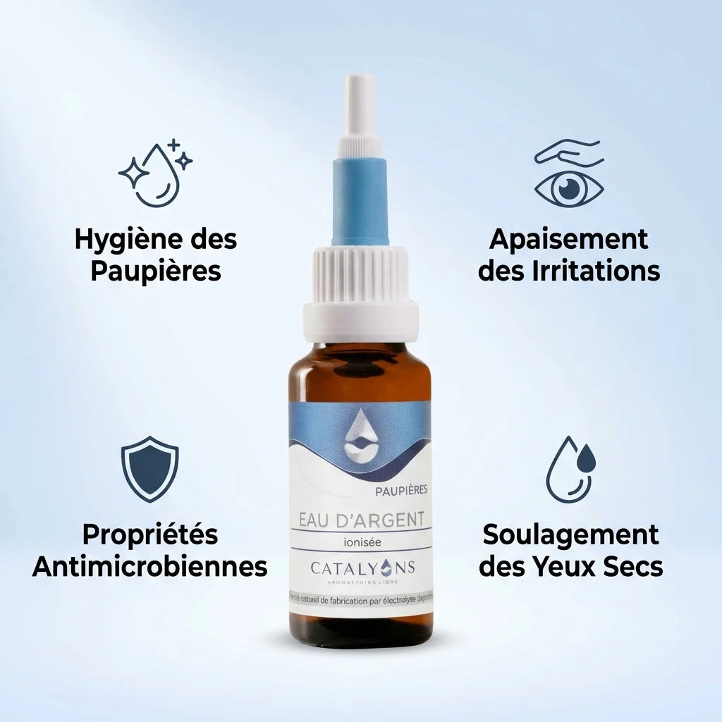 Eau d'Argent colloïdal Catalyons 20ml avec bénéfices : hygiène, apaisement, antimicrobien, hydratation yeux