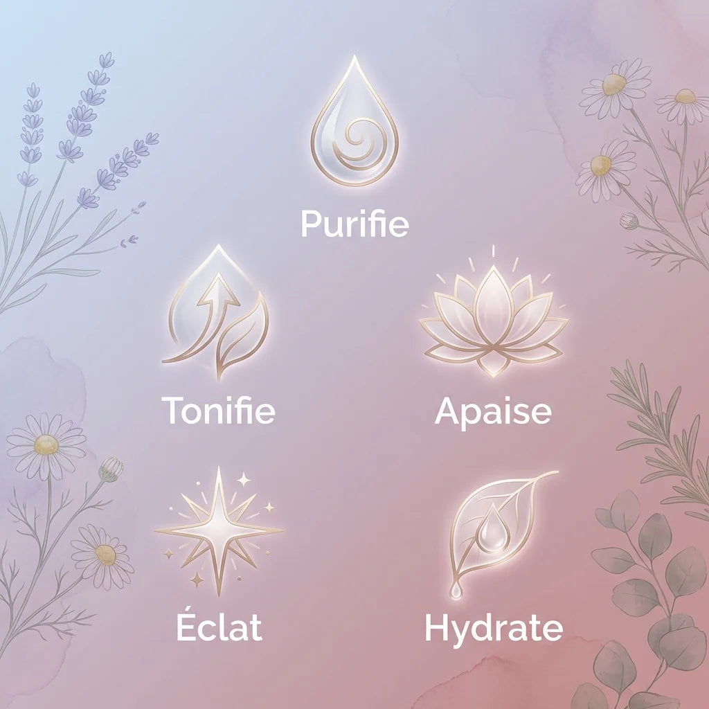 Eau de Beauté Eolesens - infographie 5 bénéfices soin peau pure bio purifie tonifie apaise hydrate