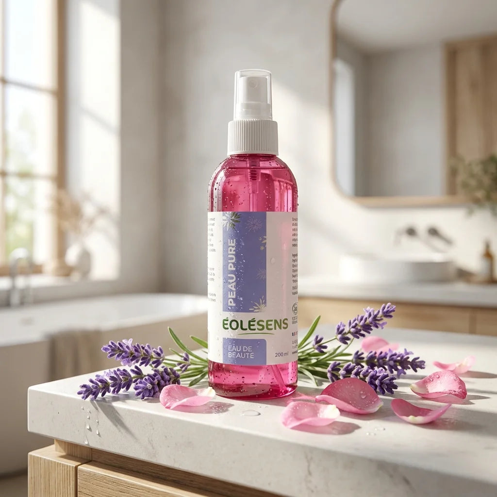 Eau de Beauté Eolesens 200ml sur vanité avec lavande et pétales de rose