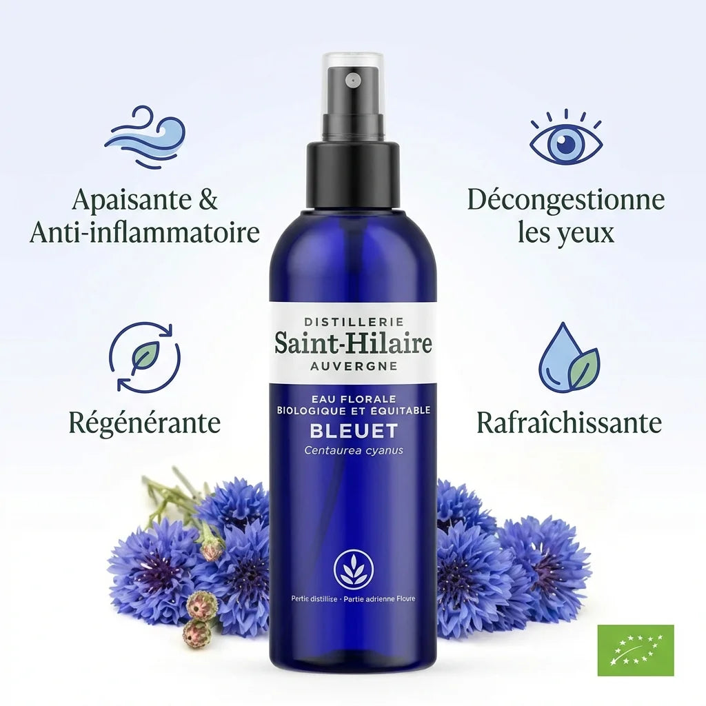 Eau Florale Bleuet Bio Saint-Hilaire 200ml avec fleurs, bénéfices apaisants et anti-inflammatoires